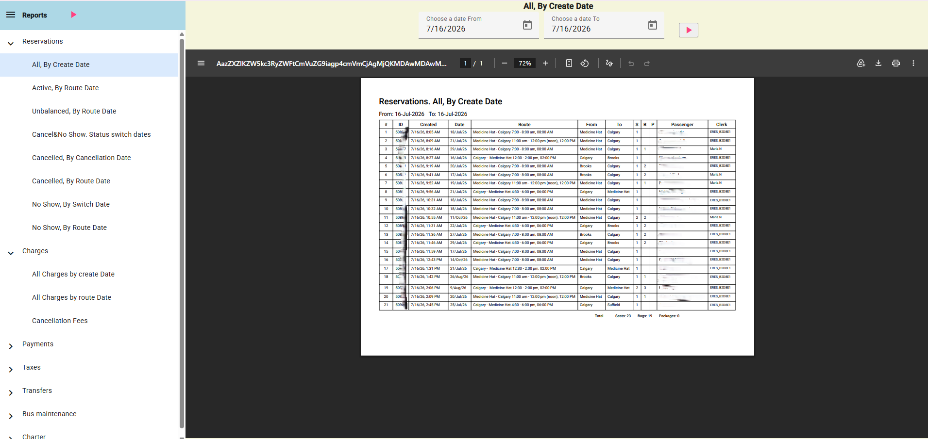 report center in passenger booking software